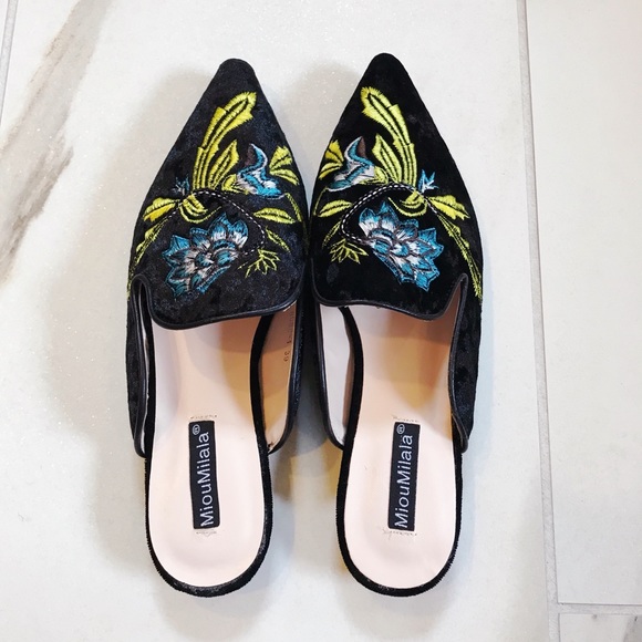 Shoes - Embroidered pointy toe velvet mules in black